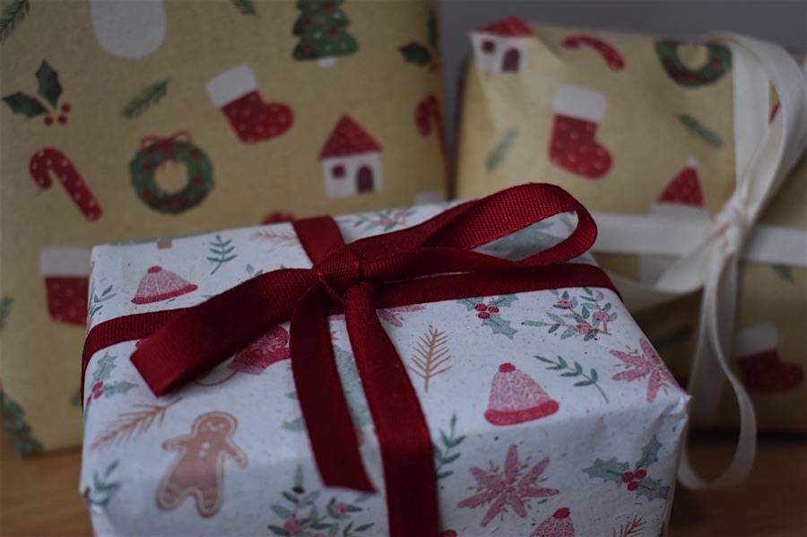 Wrapped presents tied with ribbons